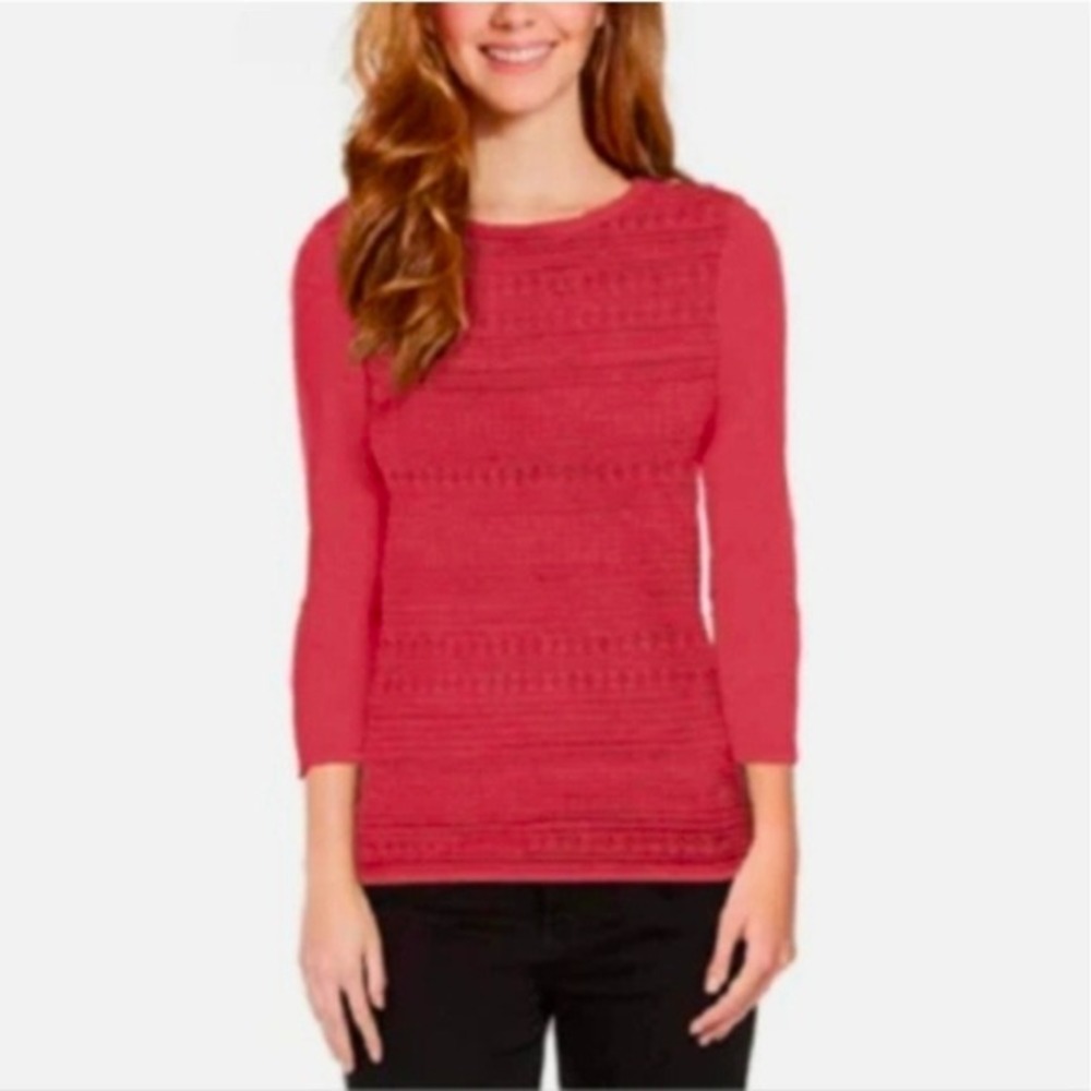 Buffalo David Bitton Womens Coral Pink Pointelle‎ Knit 3/4 Sleeve Sweater Size M